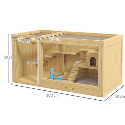 PawHut Wooden Hamster Cage with Water Bottle, Platforms, Openable Roof, Sliding Tray, Hut, Seesaws, Natural Wood Finish 