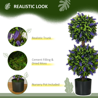 HOMCOM Set of 2 Artificial Plants, Lavender Flowers Ball Trees with Pot, for Home Indoor Outdoor Decor, 70cm 