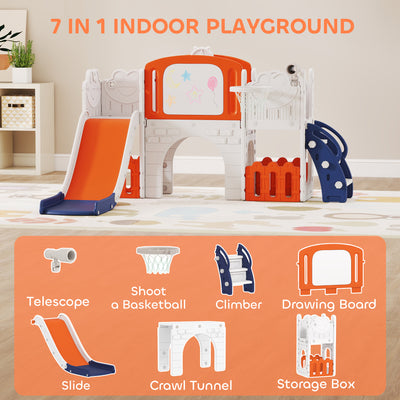 AIYAPLAY 7 in 1 Toddler Slide Set with Basketball Hoop, Climbing Frame, Telescope, Drawing Board, Storage Box, Orange 