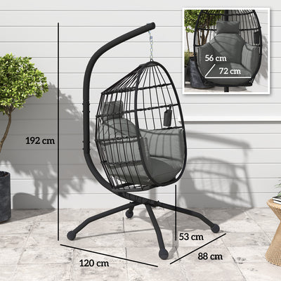 Outsunny Hanging Egg Chair Outdoor Indoor Garden Swing Chair with Folding Basket and Thickened Cushion, Garden Hanging Chair with Stand, Headrest, Cup Holder for Patio, Balcony, Dark Grey 