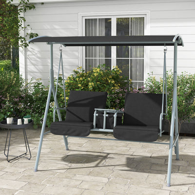 Outsunny 2 Seater Garden Swing Chair Patio Rocking Bench w/ Tilting Canopy, Double Padded Seats, Storage Bag and Tray, Black 
