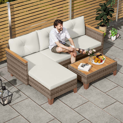 Outsunny 3 Pieces Rattan Garden Furniture Set, L Shaped Garden Conversation Chaise Lounge Furniture with Wood Top Coffee Table and Thick Cushions, Cream 