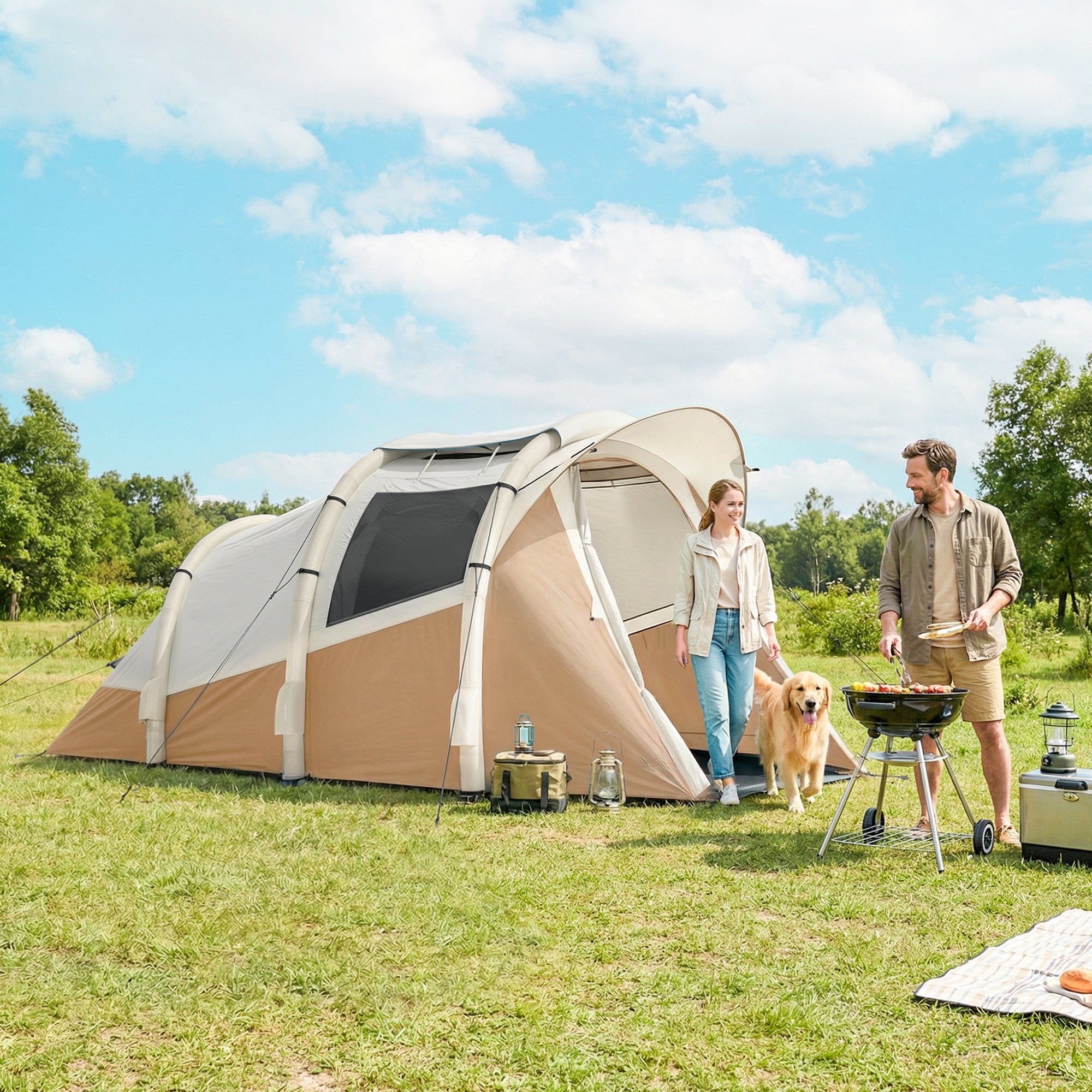 Outsunny Inflatable Camping Tent w/ Air Pump, Easy Setup 2-3 Person Blow Up Tent, Khaki 
