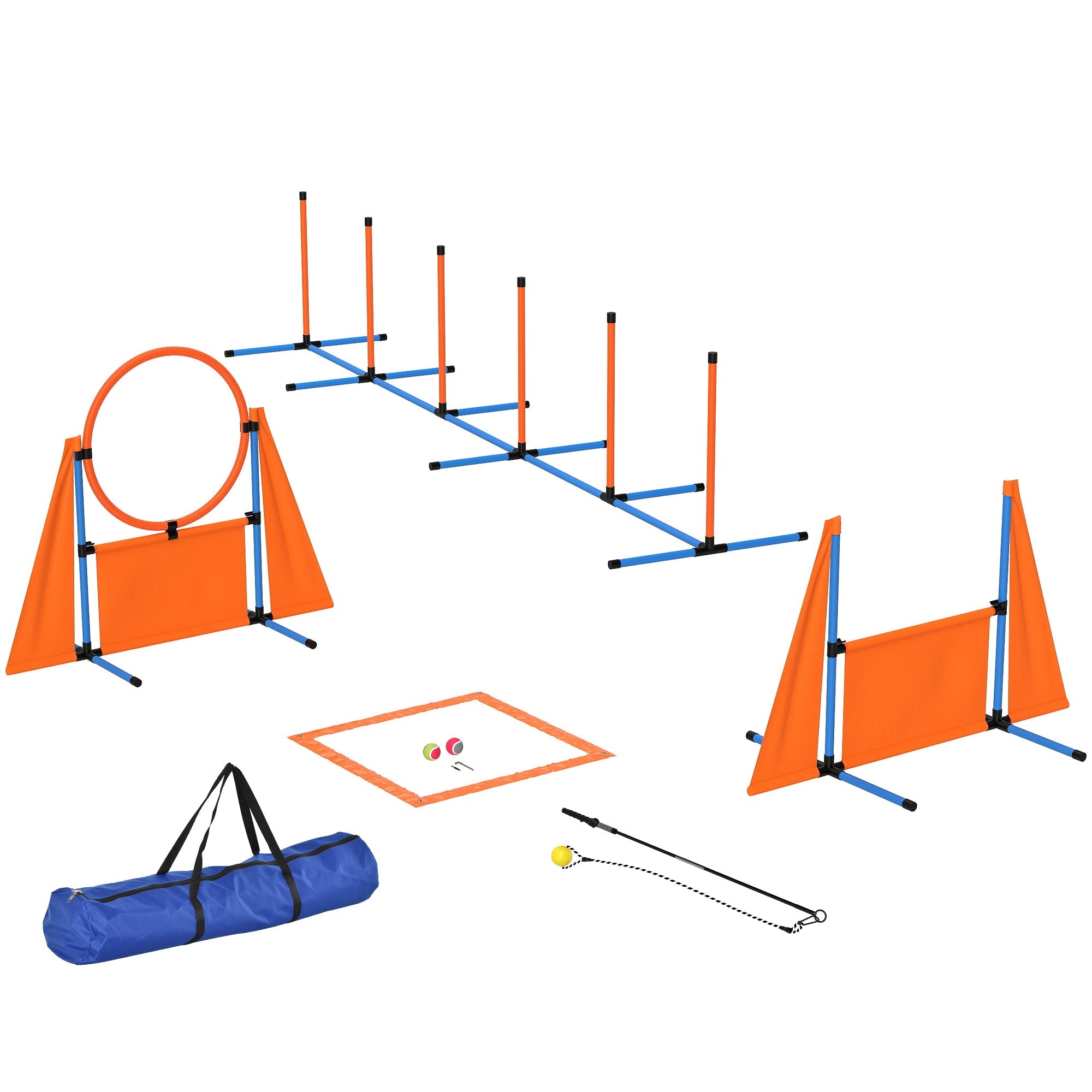 PawHut 7-Piece Dog Agility Equipment Set with Weave Poles, Jump Ring and Hurdle, Pause Box and Carry Bag, Orange 