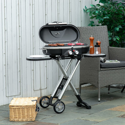 Outsunny Foldable Gas BBQ Grill 2 Burner Garden Barbecue Trolley w/ Lid Side Shelves Storage Pocket Piezo Ignition Thermometer, Aluminium Alloy 