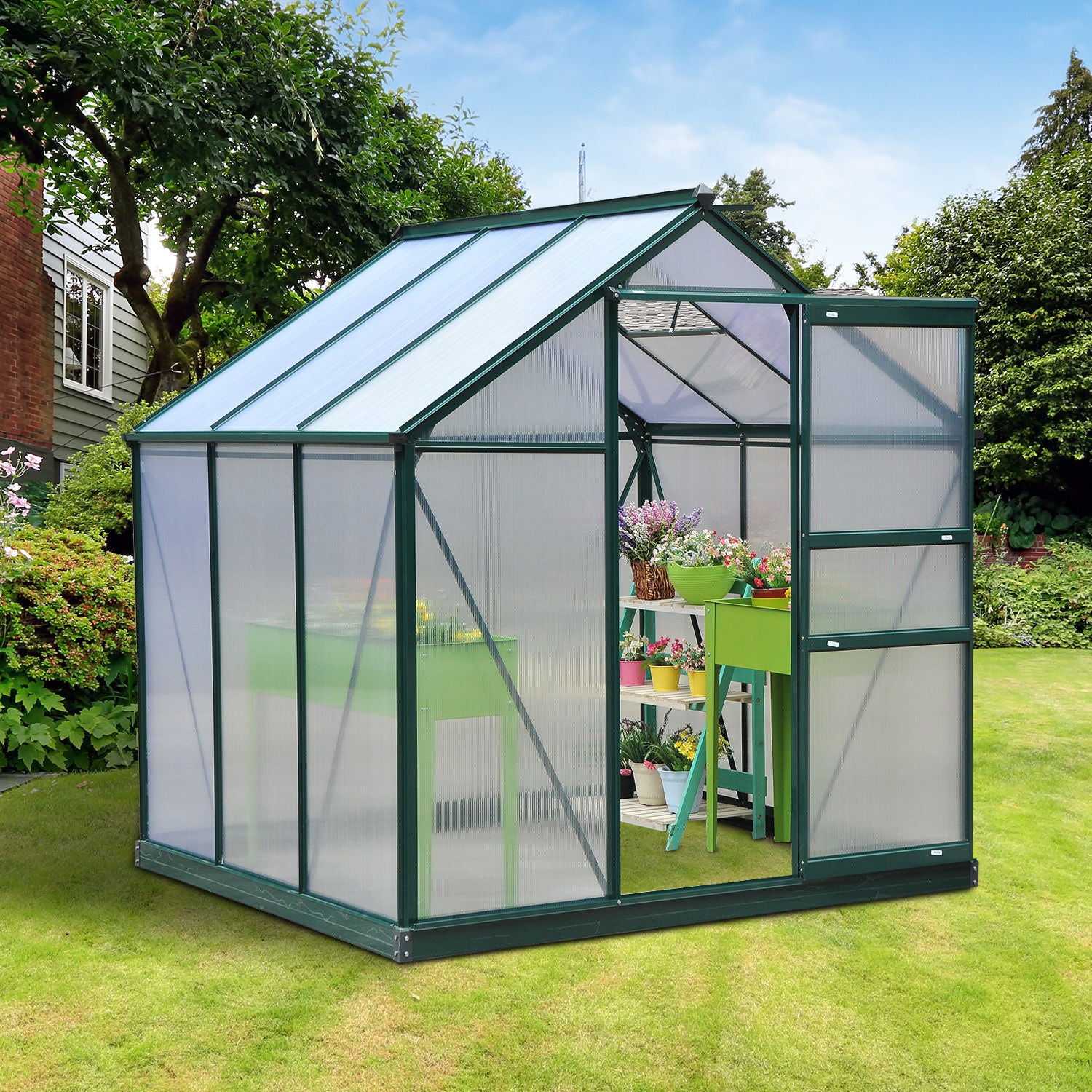 Outsunny 6 x 6ft Polycarbonate Greenhouse, Large Walk-In Green House with Slide Door and Window, Garden Plants Grow House with Aluminium Frame and Foundation, Dark Green 