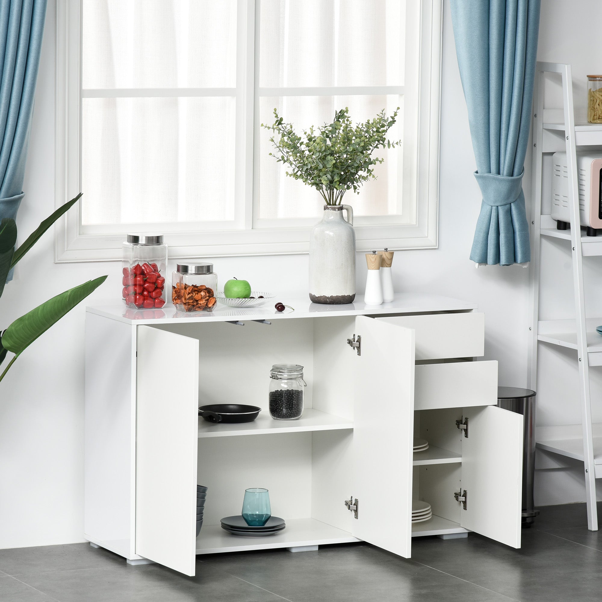 HOMCOM High Gloss Side Cabinet, Push-Open Design with 2 Drawers and 2 Cabinets for Living Room, 74H x 117W x 36Dcm, White 