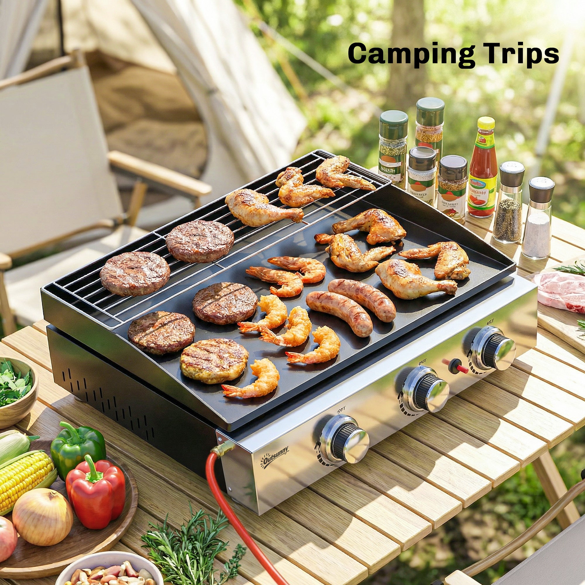 Outsunny 3 Burner Grill Griddle, Portable Gas Plancha with Warming Rack, 7.5 kW, Tabletop Gas BBQ with Grease Cup, Black 