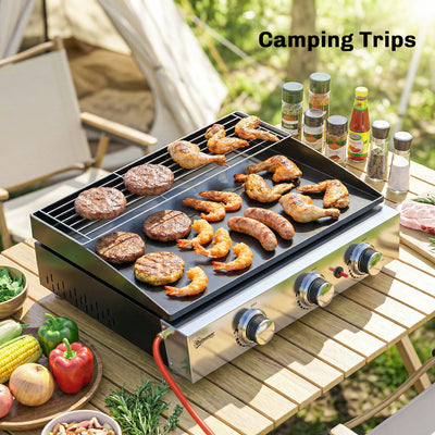 Outsunny 3 Burner Grill Griddle, Portable Gas Plancha with Warming Rack, 7.5 kW, Tabletop Gas BBQ with Grease Cup, Black 