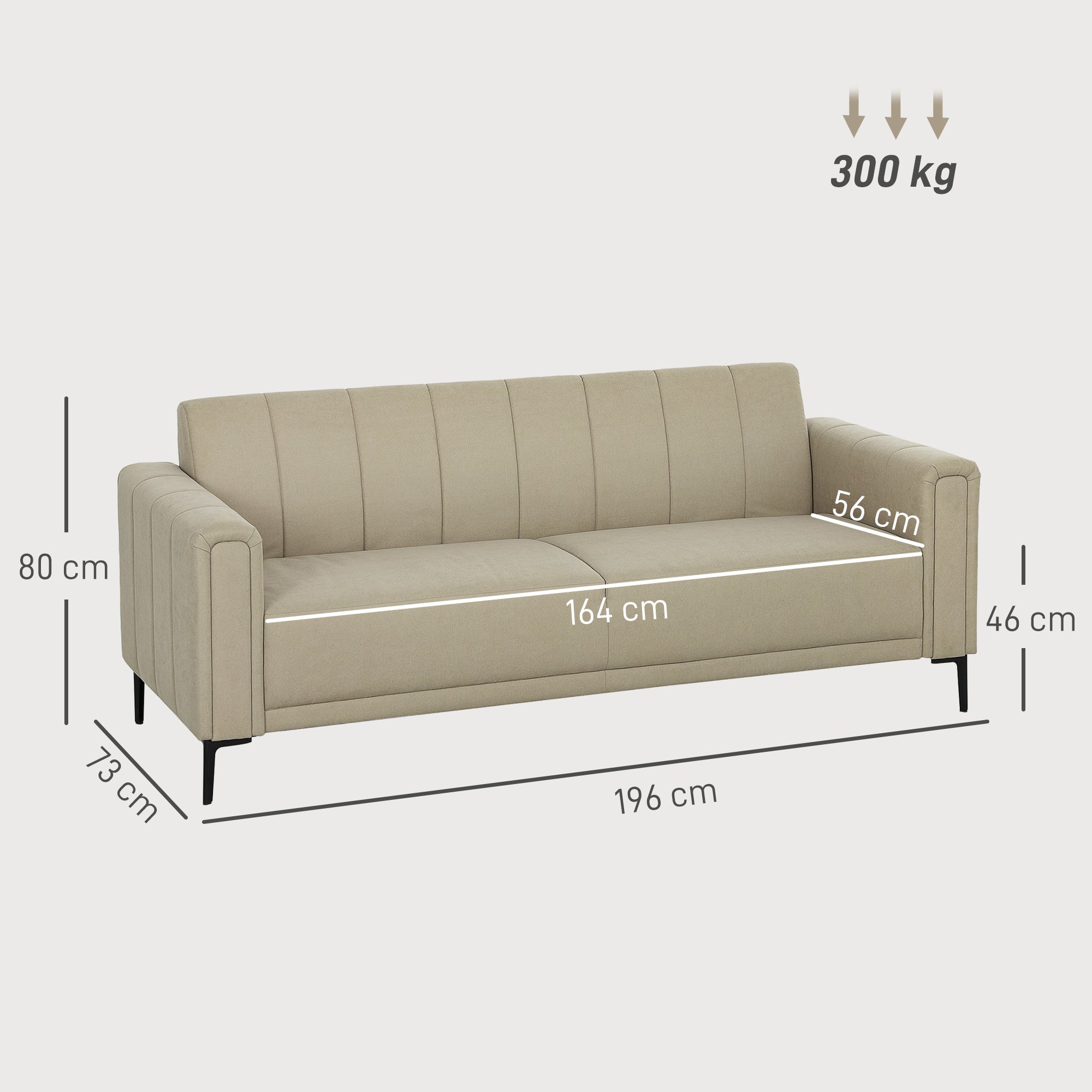 HOMCOM 3 Seater Sofa, Modern Fabric Sofa Couch, Channel Tufted Upholstered Sofa Settee for Living Room, Guest Room, Bedroom, Home Office, Khaki 