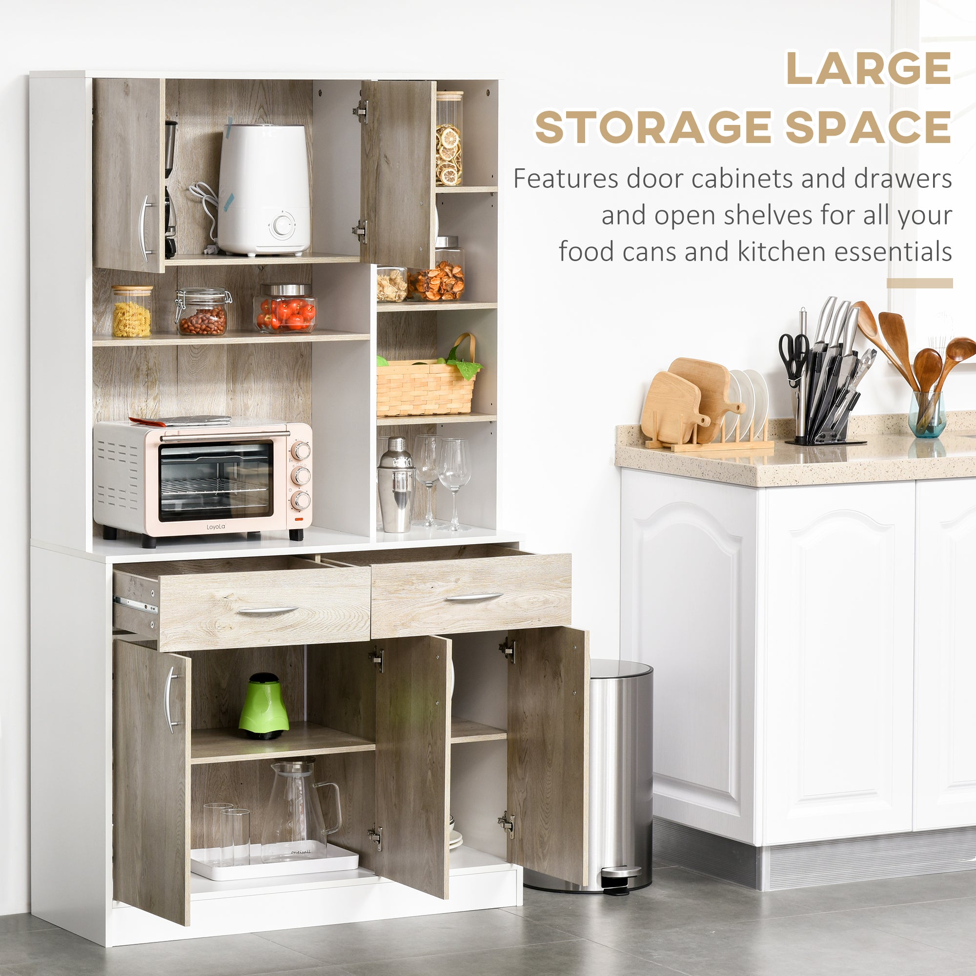 HOMCOM Kitchen Cupboard Sideboard Storage Cabinet Unit with Counter Top, Adjustable Shelves, Drawers for Dining Room, Living Room 