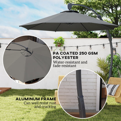 Outsunny 3(m) Garden Cantilever Parasol, Round Overhanging Umbrella with Crank Handle, Cross Base, Aluminium Frame and 360° Rotation, Banana Patio Umbrella for Outdoor Sun Shade, Grey 