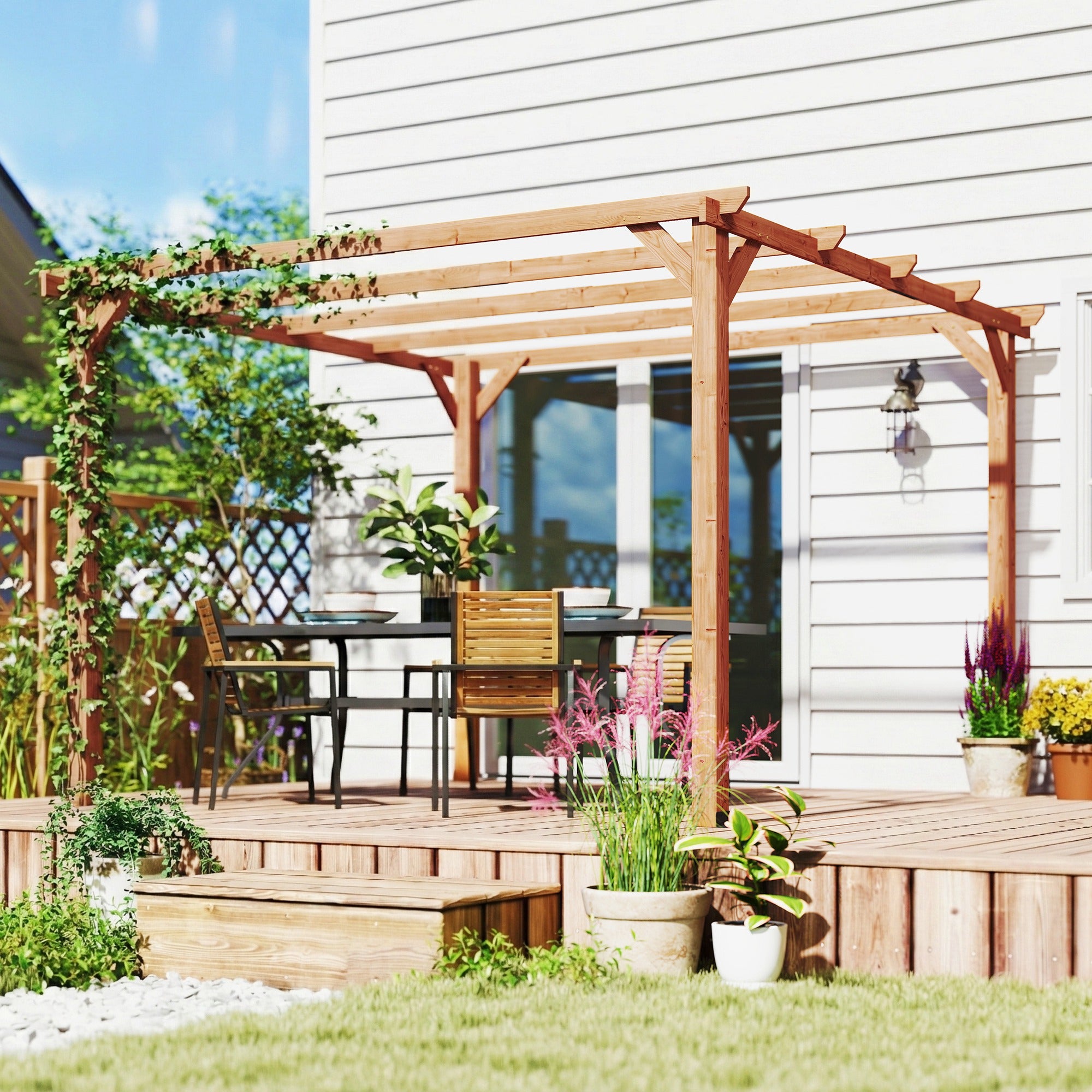 Outsunny 3 x 3 m Wooden Pergola Kit, Garden Pergola Gazebo Grape Trellis with Triangle Supports, 5 Beams, Maple Wood-effect 