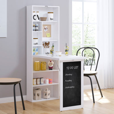 HOMCOM Wall Mounted Computer Desk, Folding Study Table with Black Board and Bookshelf, Multifunctional Floating Writing Desk for Home Office, White 