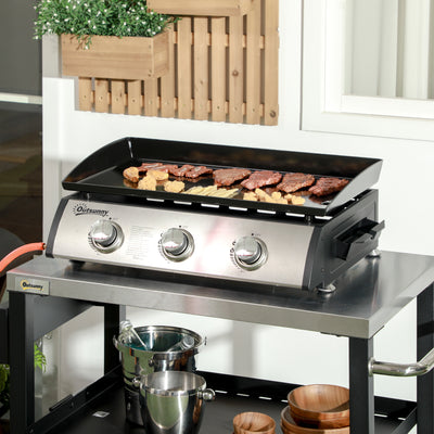 Outsunny 3 Burner Gas Plancha BBQ Grill with Lid, Black 