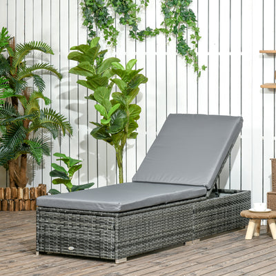 Outsunny PE Rattan Sun Lounger, Five-level Adjustable Recliner Bed Chair with Soft Padded Cushion for Patio, Garden, Mixed Grey 