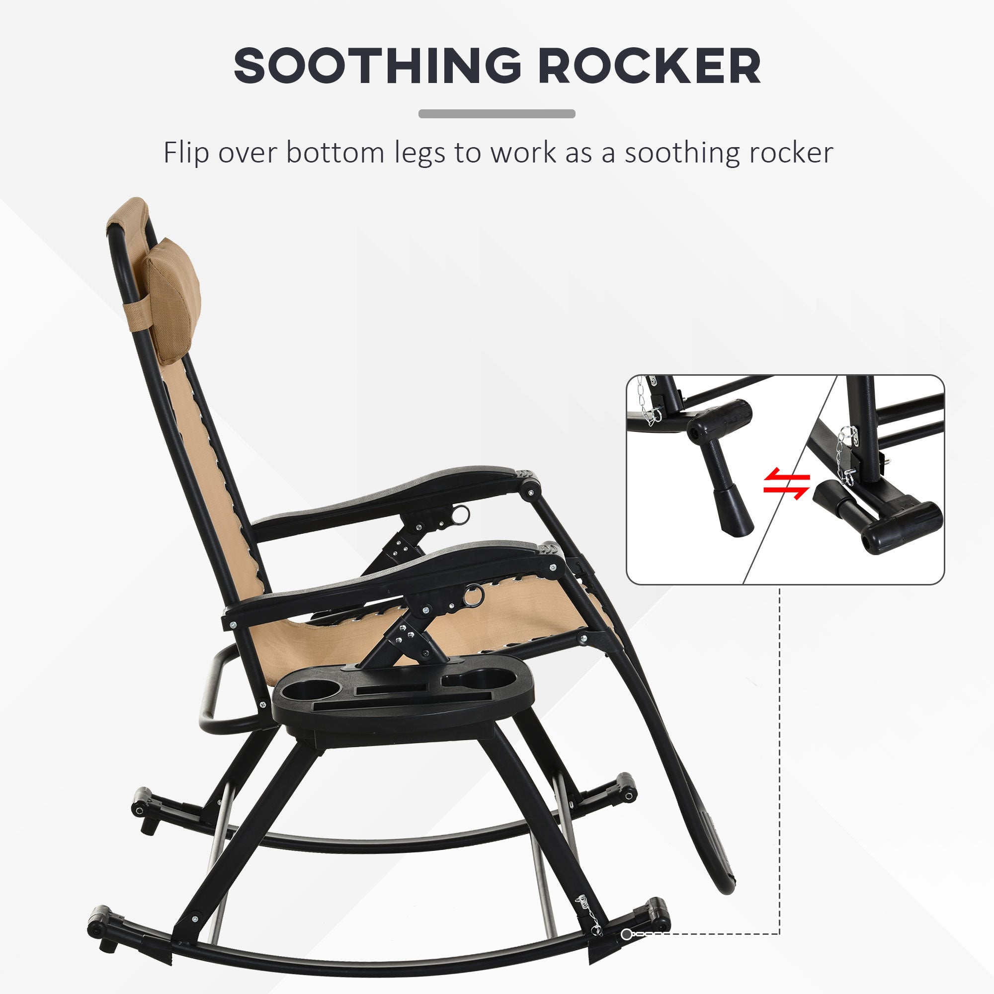 Outsunny Garden Rocking Chair Folding Recliner Outdoor Adjustable Sun Lounger Rocker Zero-Gravity Seat with Headrest Side Holder Patio Deck - Beige 