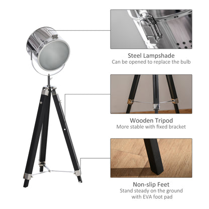 HOMCOM Industrial Style Adjustable Tripod Floor Lamp, Searchlight Lamp with Wooden Legs and Steel Lampshade, 110-155cm, Black 