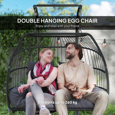 Outsunny Rattan Double Hanging Egg Chair with Stand, Foldable Wicker Swing Egg Chair with Cushion, Head Pillows, Steel Frame, Hammock Chair for Indoor Outdoor, Capacity 260 kg, Dark Grey 