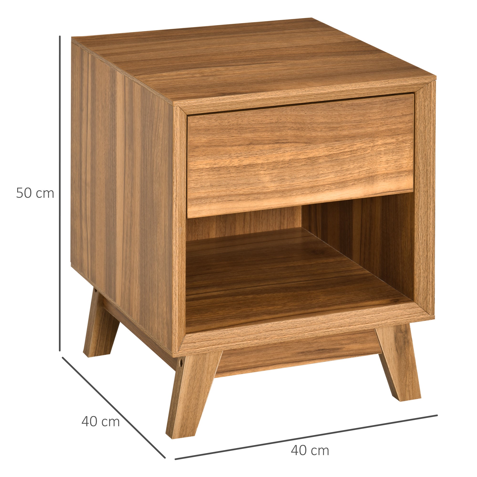 HOMCOM Modern Bedside Table Nightstand, Living Room End Table, Side Table with Drawer and Shelf, Set of 2, Walnut Brown 