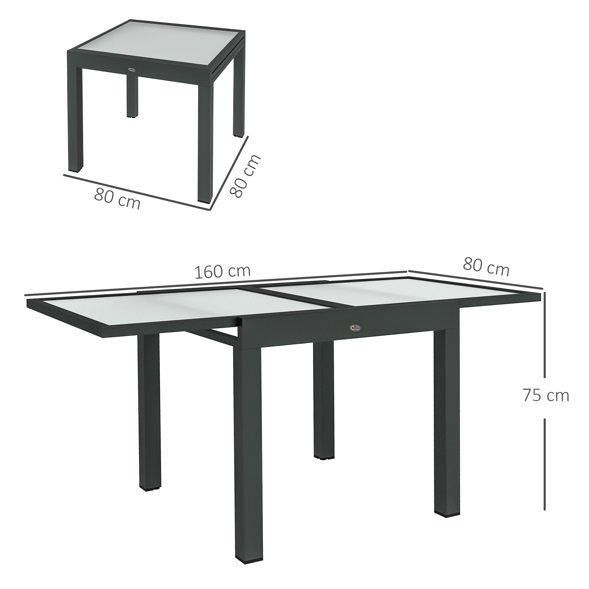 Outsunny Extending Garden Table, Outdoor Dining Table with Aluminium Frame and Tempered Glass Tabletop, 80/160 x 80 x 75 cm, Black and Clear 
