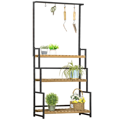 Outsunny 3 Tiered Plant Stand with Hanging Hooks, Flower Rack Shelf for Indoor Outdoor Porch Balcony Living Room Bedroom 