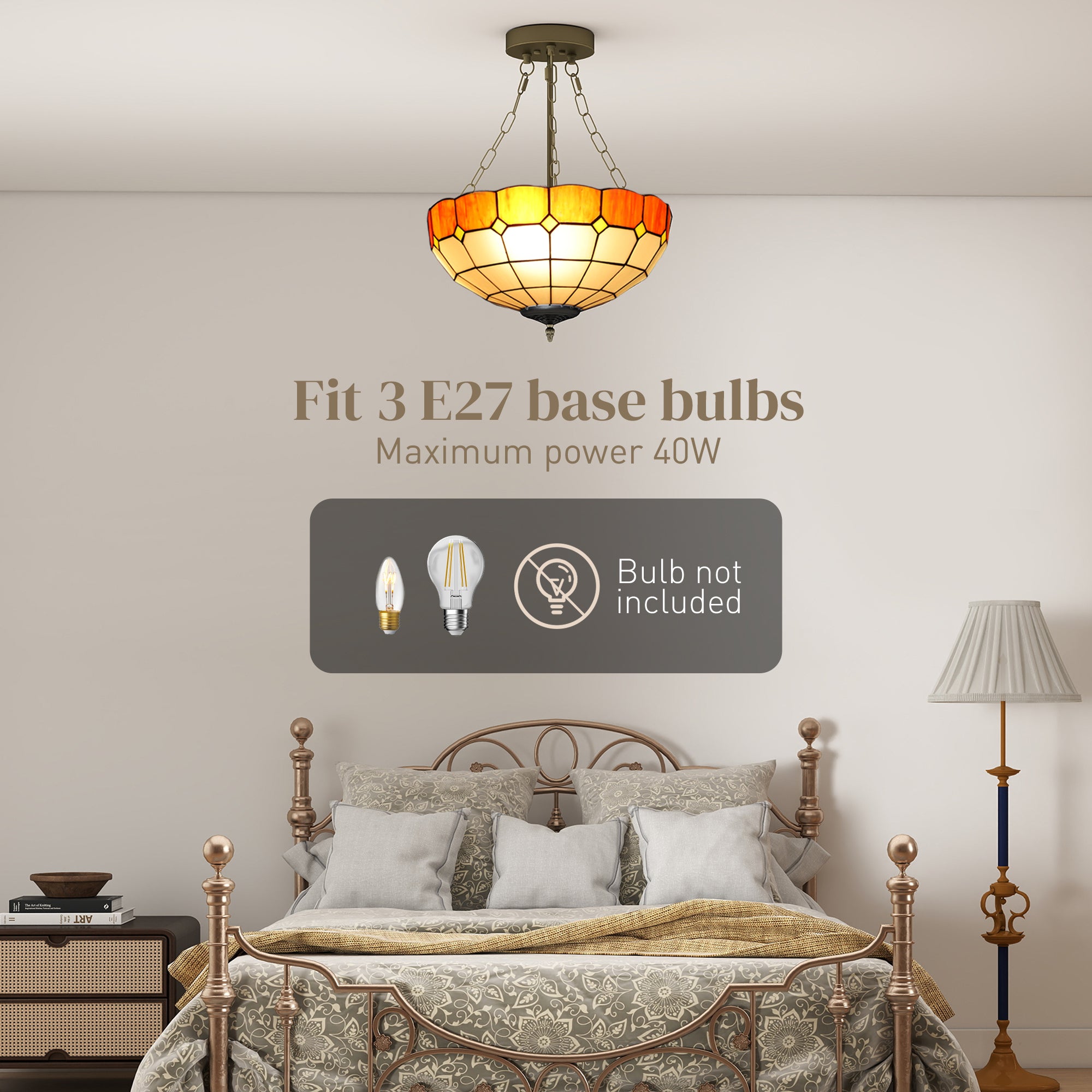 HOMCOM Tiffany Style Ceiling Light, Vintage Chandelier with 3 E27 Sockets, Semi Flush Mount for Living Room, Bulbs Not Included 
