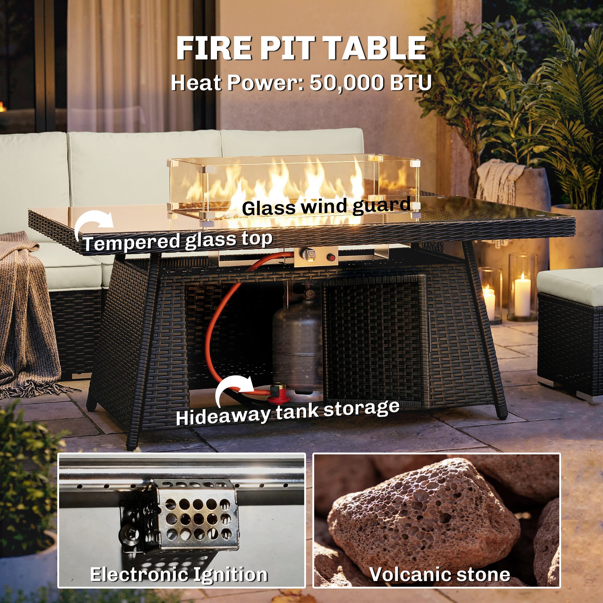 Outsunny 7 Pieces PE Rattan Garden Furniture Set, 50,000 BTU Gas Fire Pit Table, Double Corner Sofa and 3 Footstools 