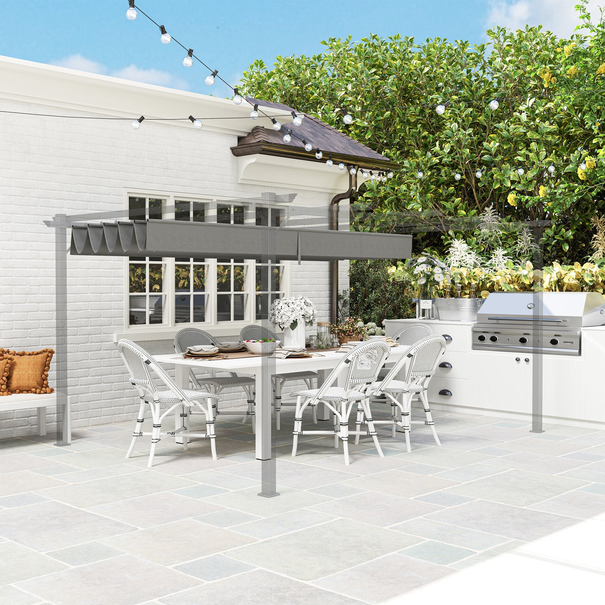 Outsunny Retractable Pergola Shade Cover, Replacement Canopy for 4 x 3 (m) Pergola, Retractable Roof, Light Grey 
