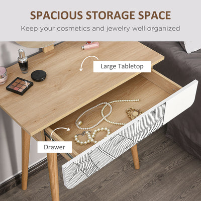 HOMCOM Dressing Table with Drawer and Mirror height adjustable Wooden Oak Color  Bedroom Dressing Room Elegant and Durable 