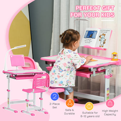 HOMCOM Kids Study Desk and Chair Set w/ Adjustable Height, Storage, Drawer, Pink 
