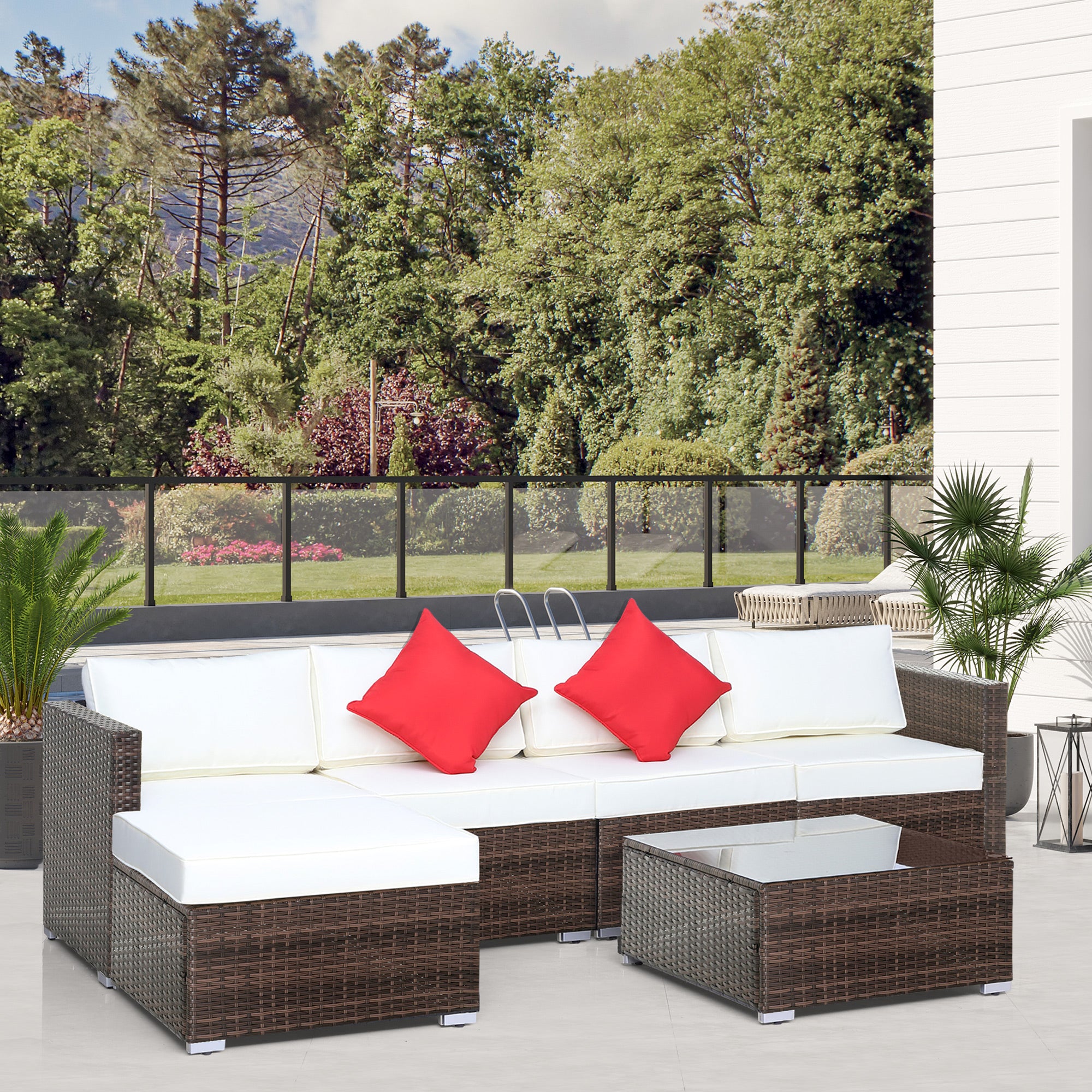 Outsunny 6 Pieces Rattan Garden Furniture Set, 5 Seater Sectional Garden Corner Sofa Set with Glass Top Coffee Table, Cushions and Pillows, All-Weather Wicker Conversation Furniture, Cream White 