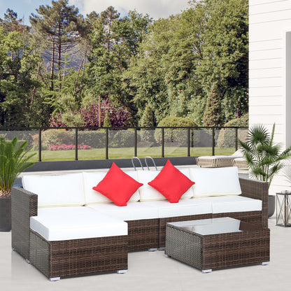 Outsunny 6 Pieces Rattan Garden Furniture Set, 5 Seater Sectional Garden Corner Sofa Set with Glass Top Coffee Table, Cushions and Pillows, All-Weather Wicker Conversation Furniture, Cream White 
