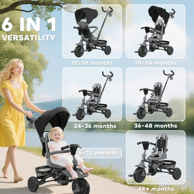 AIYAPLAY 6 in 1 Foldable Kids Trike with Adjustable Parent Handle & Canopy for Ages 1-5, Black 