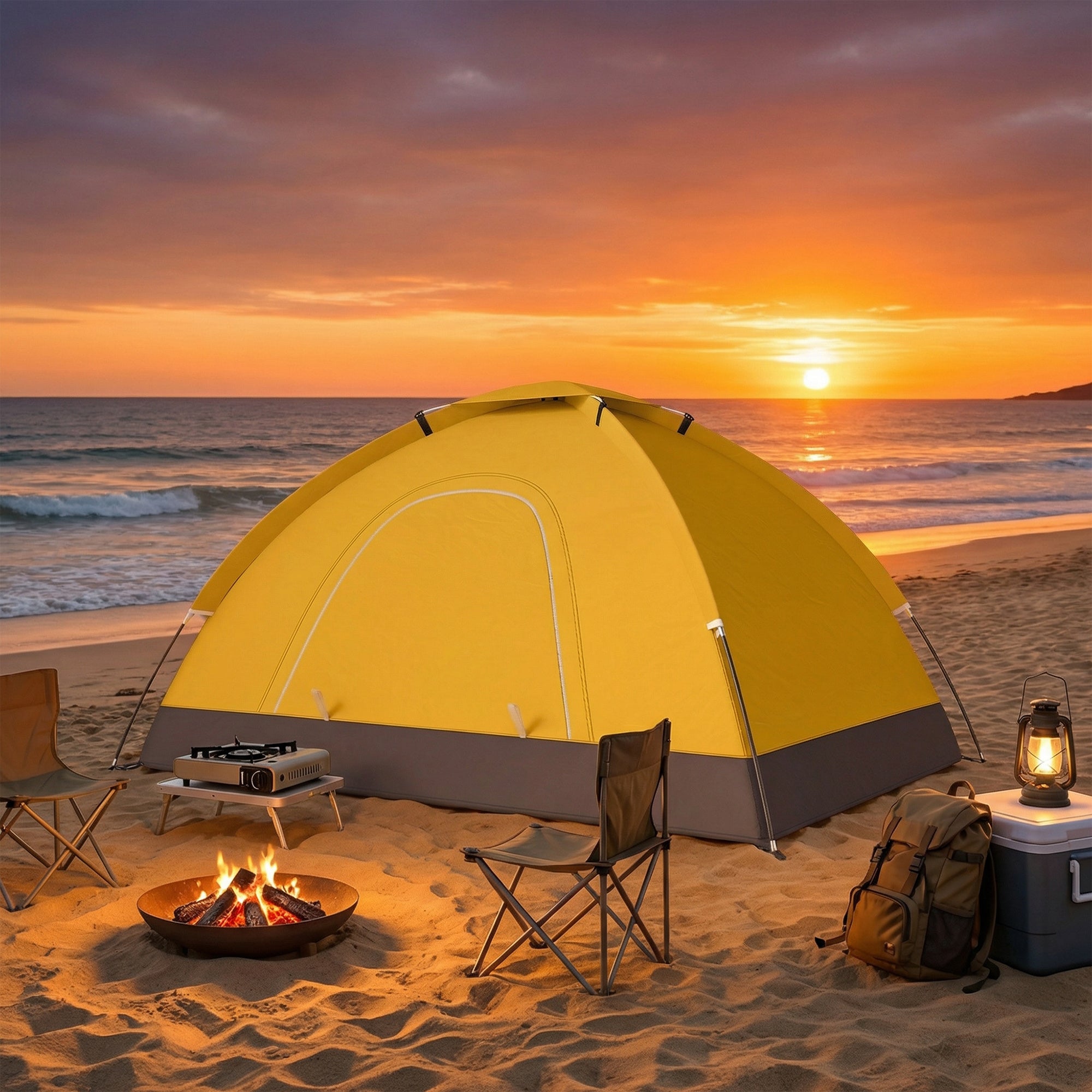 Outsunny 2 Person Camping Tent, Dome Tent with Zipped Doors, Storage Pocket, Portable Handy Bag, Yellow 