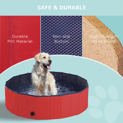 PawHut Foldable Dog Paddling Pool Pet Cat Swimming Pool Indoor/Outdoor Collapsible Summer Bathing Tub Shower Tub Puppy Washer (Φ120 × 30H cm, Red) 