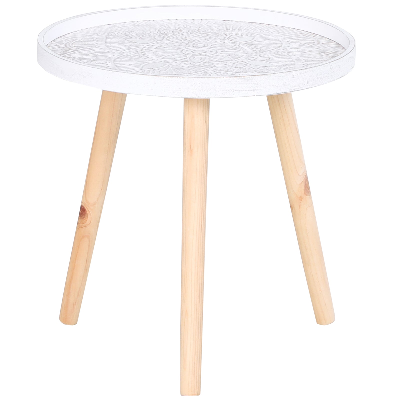 HOMCOM Coffee Table, Carved Floral Round Table with Tray-style Top and Wood Legs, Modern Side Table for Living Room, White 