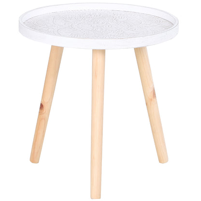 HOMCOM Coffee Table, Carved Floral Round Table with Tray-style Top and Wood Legs, Modern Side Table for Living Room, White 