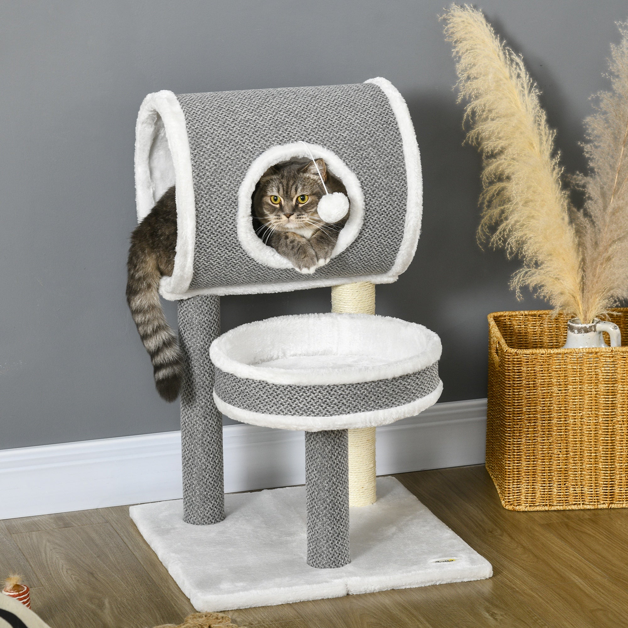 PawHut Cat Tree for Indoor Cats, with Scratching Post, Bed, Tunnel, Toy Ball, 48 x 48 x 73cm - White 