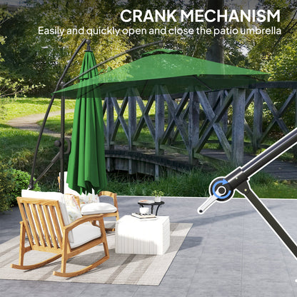 Outsunny 3(m) Garden Cantilever Parasol with Cover and Wind Protection Strap, Round Overhanging Umbrella with Crank Handle and Tilt, Banana Patio Umbrella for Outdoor Sun Shade, UPF50+, Green 
