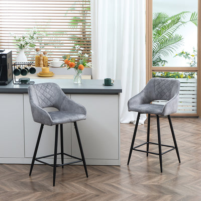 HOMCOM Bar Stools Set of 2, Velvet-Touch Fabric Counter Height Bar Chairs, Kitchen Stools with Steel Legs for Dining Area, Kitchen Island Barstools, Grey 