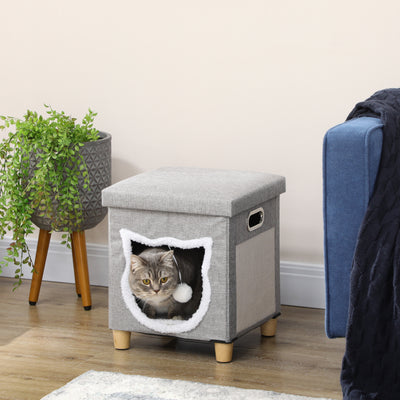 PawHut 2 in 1 Cat Bed Ottoman, Comfortable Cat Sleeping Cave House w/ Removable Cushion, Scratching Pad, Handles, Anti-Slip Foot Pad, Toy Ball, Entrance - Grey 