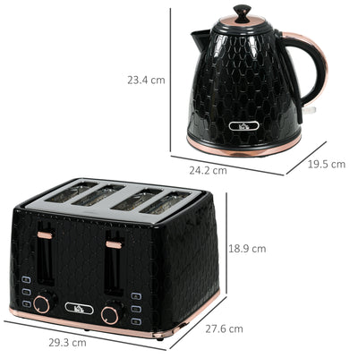 HOMCOM 1.7L 3000W Fast Boil Kettle & 4 Slice Toaster Set, Kettle and Toaster Set with 7 Browning Controls, Crumb Tray, Black 