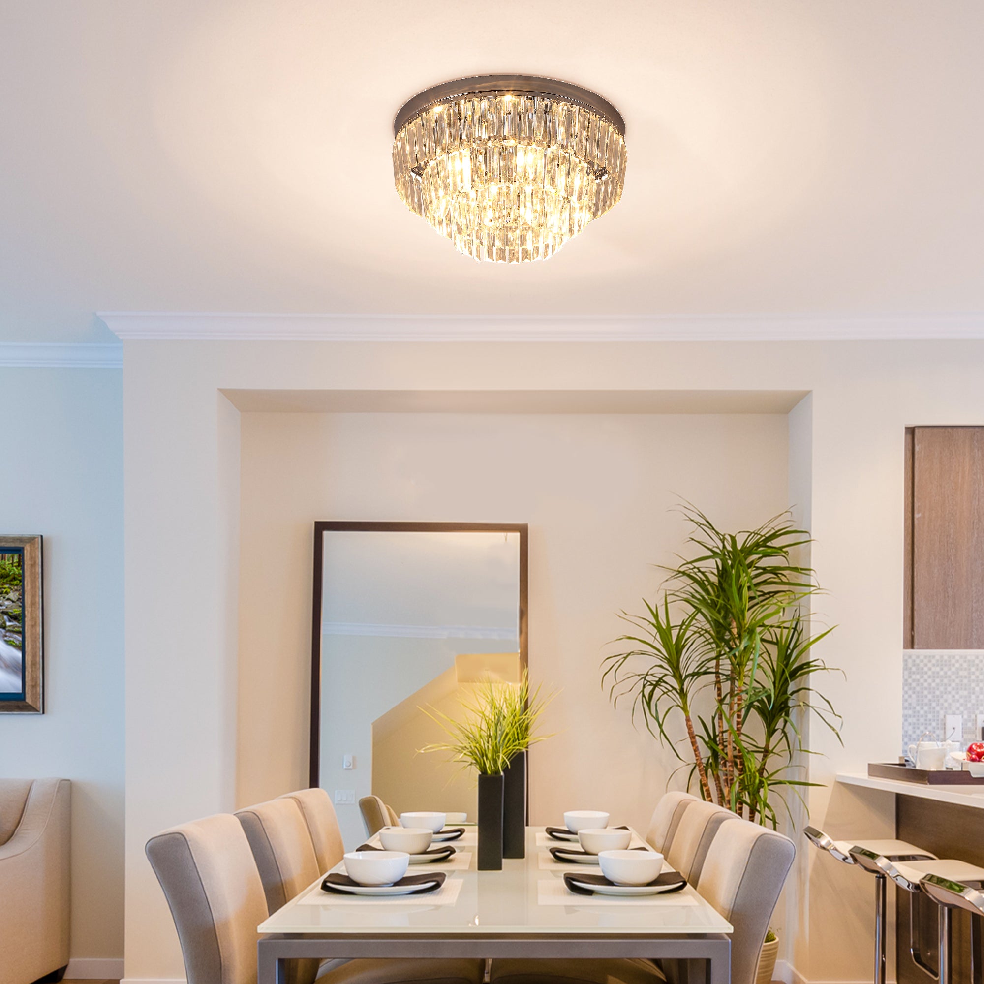 HOMCOM Round Crystal Ceiling Lamp 7 Lights Chandelier Mounted Fixture For Living Room Dining Room Hallway Modern 