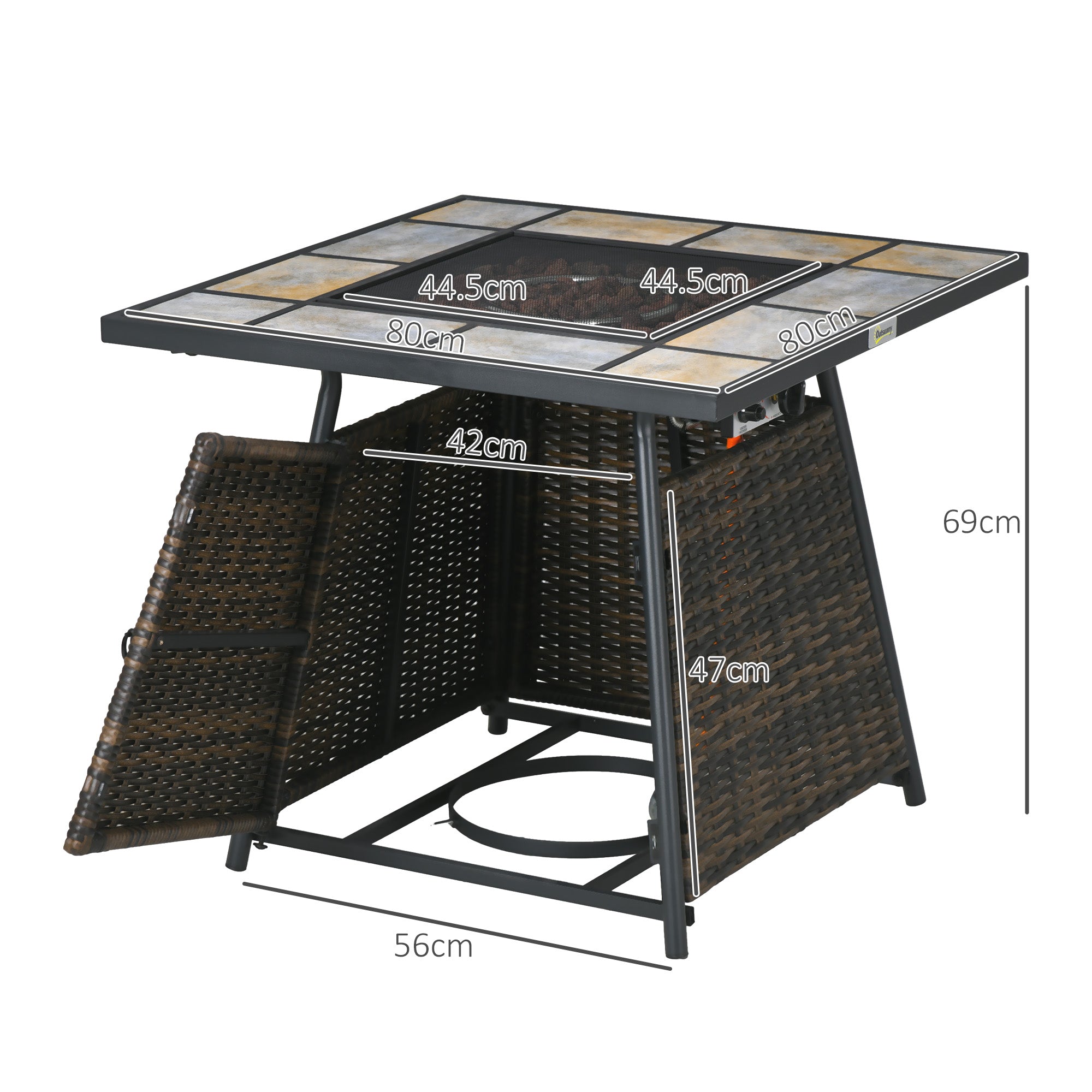 Outsunny Square Outdoor PE Rattan Fire Pit TableGas Burner Heater w/ Control Panel, Slate Top, Lid and Lava Rocks, 50,000 BTU 
