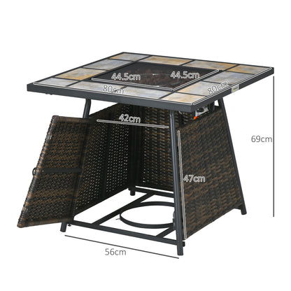 Outsunny Square Outdoor PE Rattan Fire Pit TableGas Burner Heater w/ Control Panel, Slate Top, Lid and Lava Rocks, 50,000 BTU 