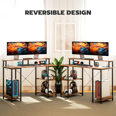 HOMCOM Computer Desk with Power Outlets and LED Lights, 120 x 50cm Reversible Home Office Desk with Monitor Stand and 2-Tier Storage Shelves, Gaming Desk with Cable Management, Rustic Brown 