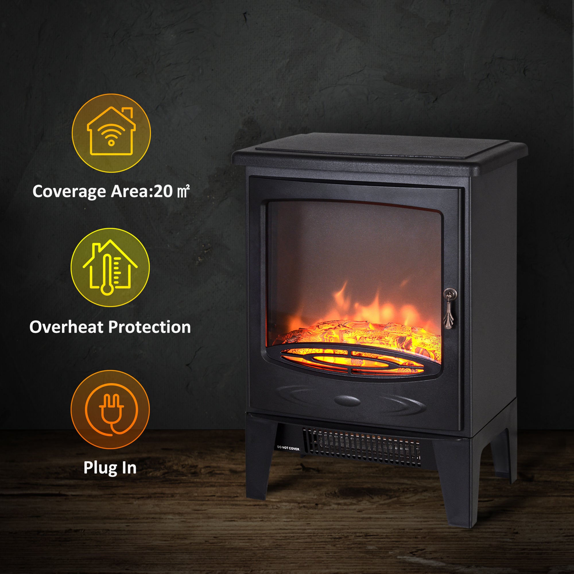 HOMCOM Tempered Glass Casing Electric Fireplace, Freestanding Electric Fire with Realistic Flame Effect, Log Burner with Overheat Protection, 950w/ 1850W, Black 