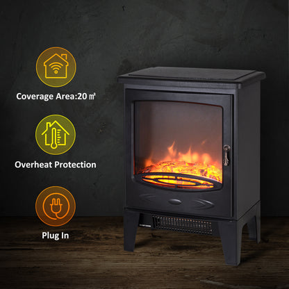 HOMCOM Tempered Glass Casing Electric Fireplace, Freestanding Electric Fire with Realistic Flame Effect, Log Burner with Overheat Protection, 950w/ 1850W, Black 