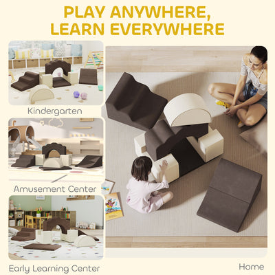 AIYAPLAY 7 Piece Kids Soft Play Set with Detachable Cover, Baby Indoor Climb and Crawl Foam Toy for Toddlers, Preschoolers, Brown 